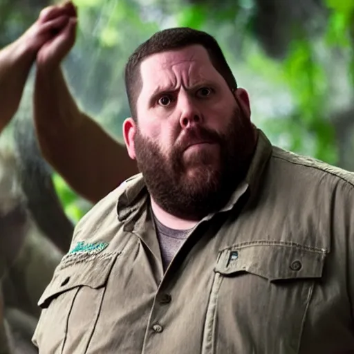 Image similar to a screen still of nick frost in jumanji.