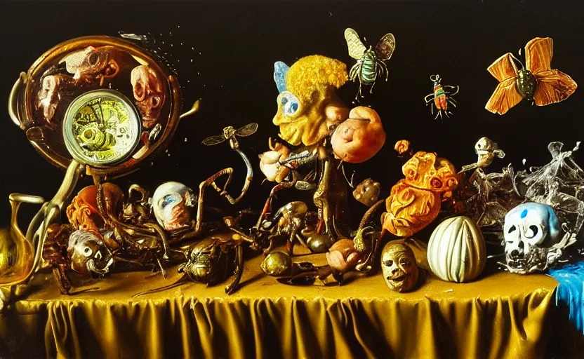 Image similar to disturbing colorful oil painting dutch golden age vanitas still life with bizarre objects strange gooey surfaces shiny metal bizarre insects rachel ruysch dali todd schorr very detailed perfect composition rule of thirds masterpiece canon 5 0 mm, cinematic lighting, photography, retro, film, kodachrome