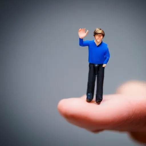 Prompt: tiny bill gates on the palm of my hand, looking up at the camera, hyper realistic photo, highly detailed, sharp focus, depth of field