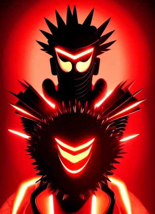 Image similar to a striking cinematic full body manga portrait of a long black haired masked male teenager wearing imposing red jagged spiked plate armour and glowing with raging powerful red energy by hirohiko araki and beeple, fine details, digital art, character concept art, volumetric lighting, cinematic light, photorealistic