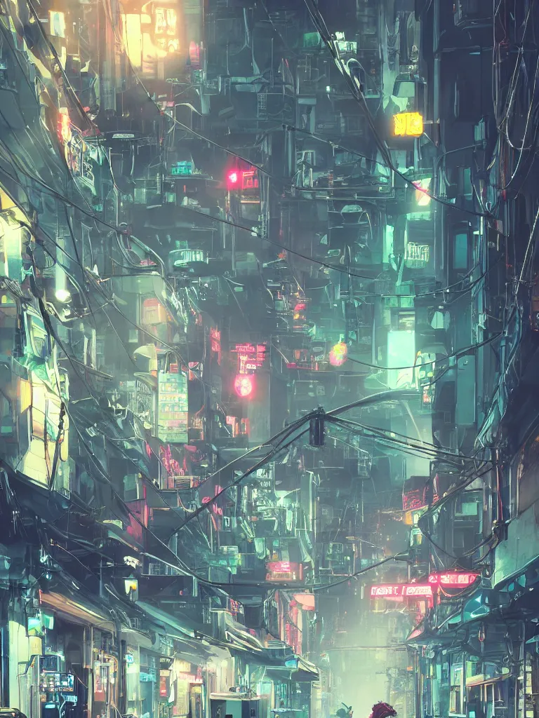 Image similar to neonpunk street, hanging cables, narrow, garbage on the ground. rain. fog, haze, evening. led screens. golden hour. volumetric lighting. cables on the ground. very messy. futuristic. photorealistic. artstation. anime. studio gimbli style