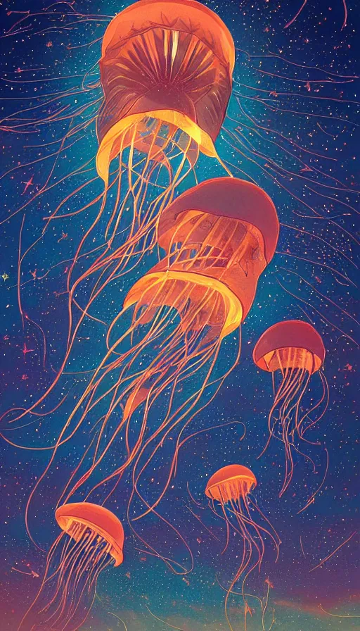 Prompt: Jellyfish floating in starlit sunset sky, italian futurism, Dan Mumford, da vinci, Josan Gonzalez