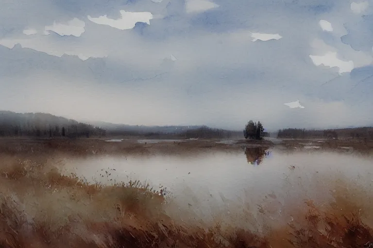 Prompt: small centered on watercolor paper, paint brush strokes, abstract watercolor painting of crisp glass dawn at swedish bog, spring and autumn, sharp daylight, cinematic light, american romanticism by hans dahl, by jesper ejsing, by anders zorn, by greg rutkowski, by greg manchess, by tyler edlin