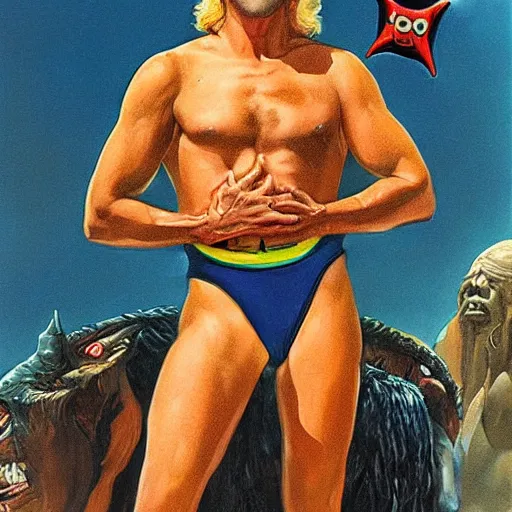 Prompt: science fiction boris vallejo portrait of joe biden wearing monokini in the movie zardoz