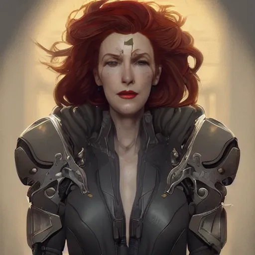 Image similar to character portrait of Moira from Overwatch, dystopian mood, intricate, wild, highly detailed, digital painting, artstation, upper body, concept art, smooth, sharp focus, illustration, art by artgerm and greg rutkowski and alphonse mucha