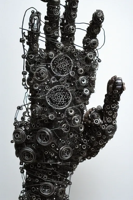 Image similar to cybernetic robotic hand made of intricate gears, wires and ceramics, engraved with sanskrit writing