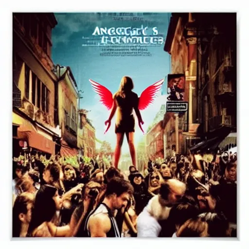 Prompt: angels protecting crowds of people in the street, movie poster style