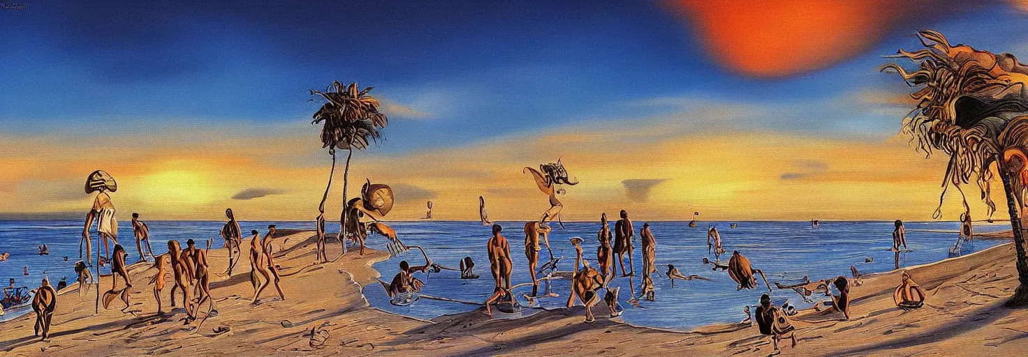 Image similar to People in beach by Salvador Dali and Bob Ross collaboration, mural, sun set, digital art, high details