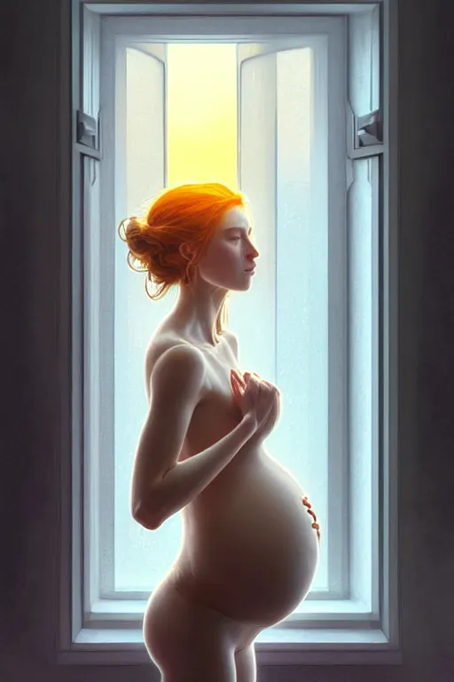 Image similar to ** one pregnant peacefull cryogenic young woman looking by window outside, sunset time, , dynamic pose , armor elements , long dark hair, beautiful bone structure, symmetrical facial features, intricate, elegant, digital painting, concept art, smooth, sharp focus, illustration, by Ruan Jia and Mandy Jurgens , and mucha, and Artgerm and William-Adolphe Bouguerea