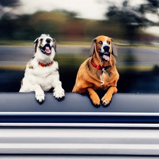 Image similar to a photo of two dogs sitting in front of the bus, hd award winning photograph, high detailed, 2001 style