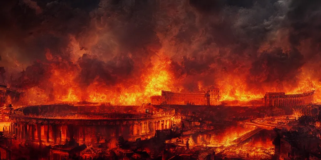 Image similar to Painting of the great fire of rome, abstract, realism, 8k, detailed, terror, octane render, 3d render, complex emotion, glow