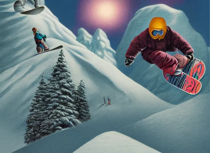 Image similar to snowboarding into another dimension, lowbrow, matte painting, 3 - d highly detailed, in the style of mark ryden,