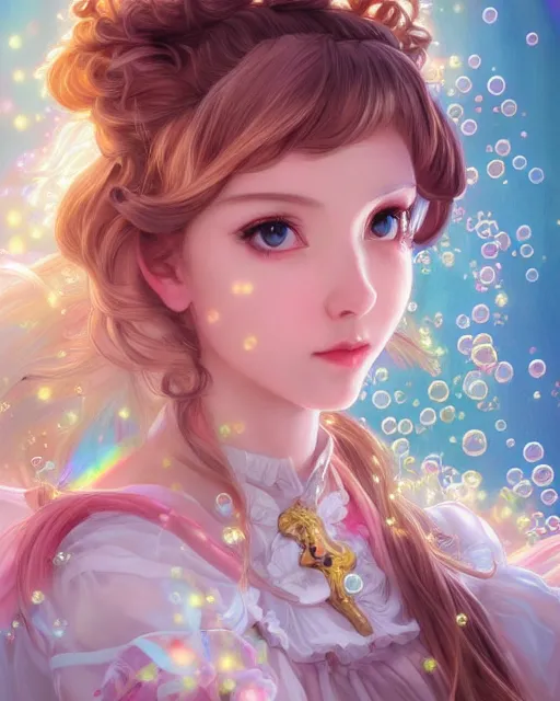 Image similar to portrait of magical lolita girl, dreamy and ethereal, expressive pose, big gold eyes, exciting expression, fantasy, intricate, elegant, many rainbow bubbles, rose tones, highly detailed, anime, artstation, concept art, cyberpunk wearing, smooth, sharp focus, illustration, art by artgerm and greg rutkowskiand alphonse mucha