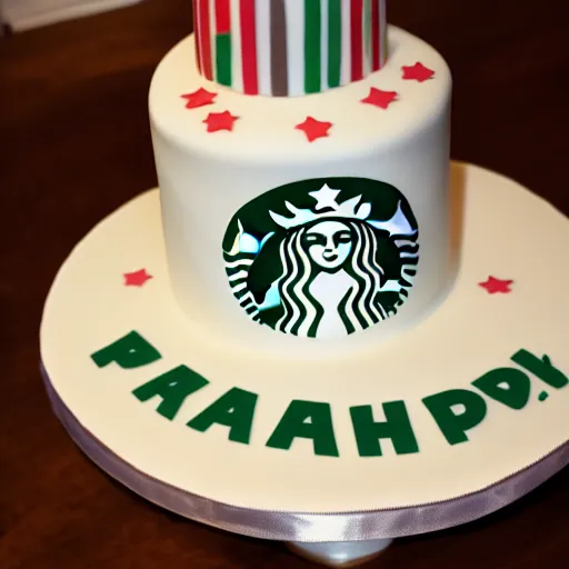 Prompt: photograph birthday cake with starbucks theme, dslr photography