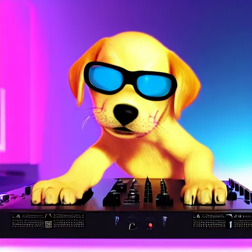 Image similar to puppy as a DJ, 8k, by Pixar