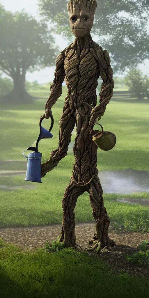 Photorealistic Wide Shot Of Groot Watering Can His Stable Diffusion