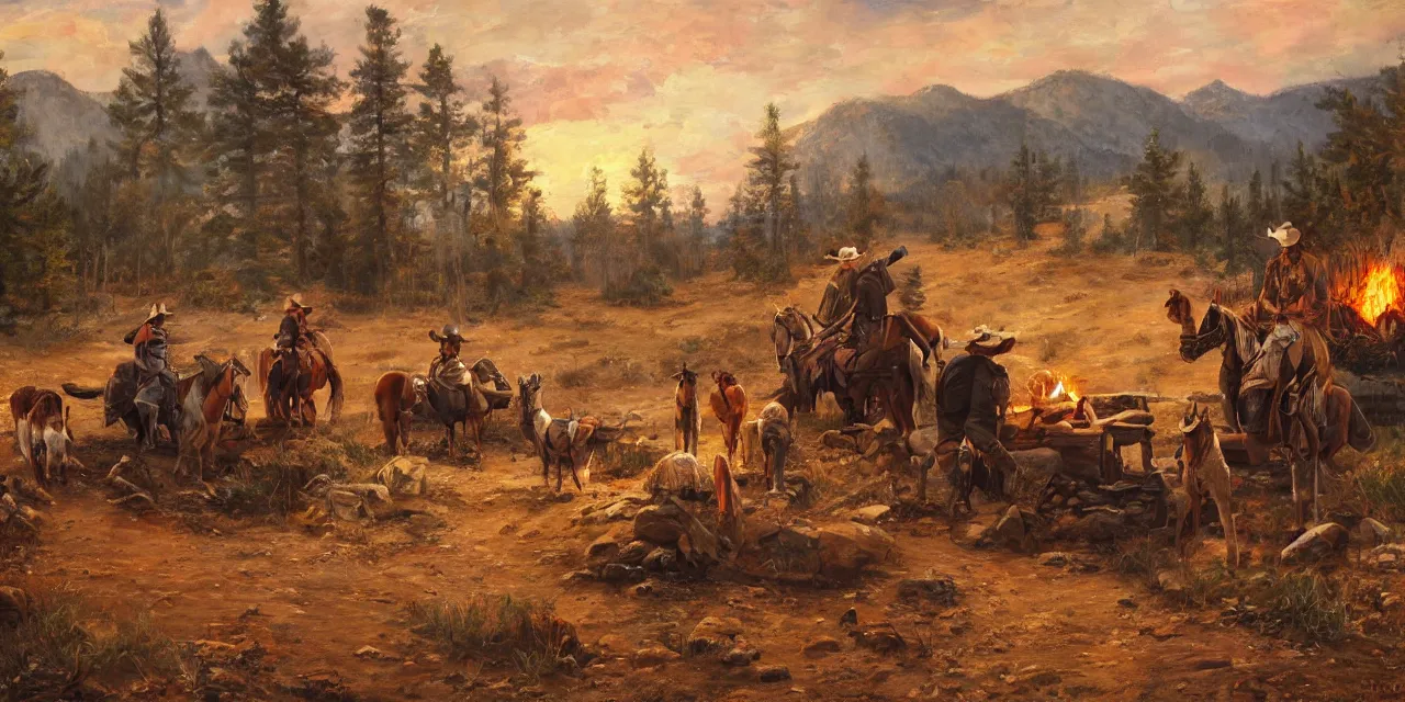 Prompt: Western landscape, camp fire, several resting cowboy robots