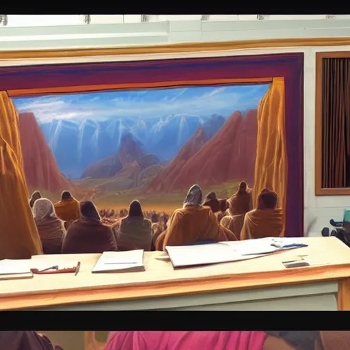 Prompt: Moses sits in the back of a lecture by a wise sage, detailed and realistic matte painting by Noah Bradley and Iman Maleki