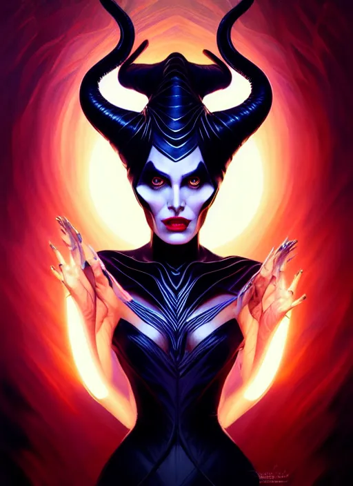 Prompt: symmetry portrait of maleficent, glowing lights, intricate, elegant, highly detailed, digital painting, artstation, concept art, smooth, sharp focus, illustration, art by artgerm and greg rutkowski and alphonse mucha