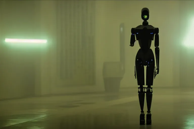 Image similar to film still of closeup sleek futuristic humanoid robot in blade runner 2 0 4 9, lobby, cinematic, moody, gritty neon noir by emmanuel lubezki