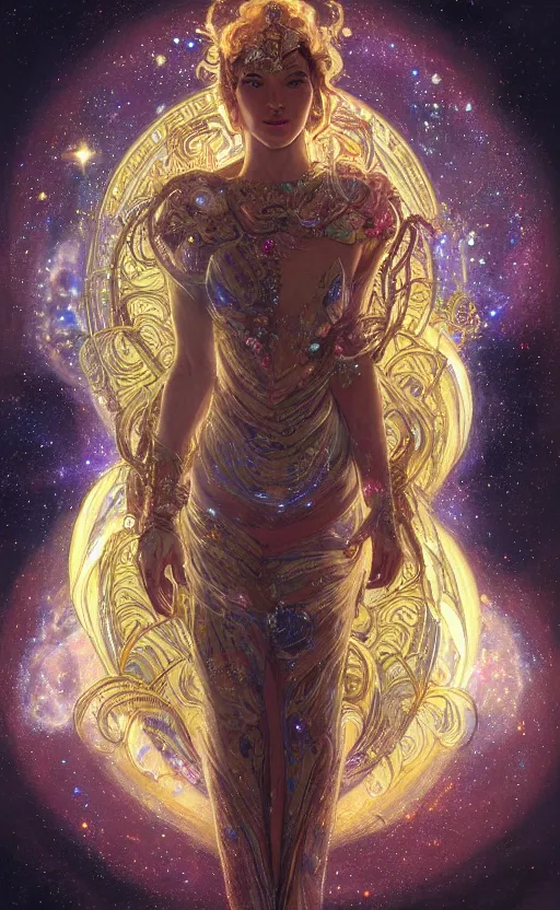 Image similar to portrait of a cosmic goddess, suit made out of stars and galaxies and cosmic energy, intricate, headshot, highly detailed, digital painting, artstation, concept art, sharp focus, cinematic lighting, illustration, art by artgerm and greg rutkowski, alphonse mucha, cgsociety