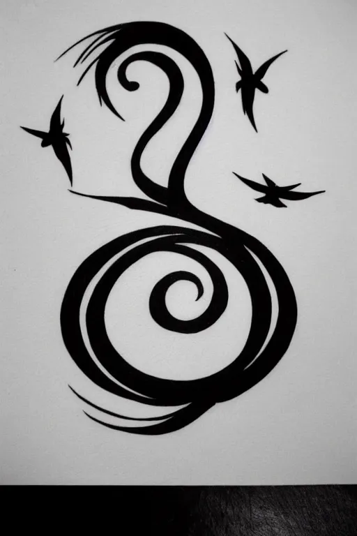 Image similar to a simple tattoo design of birds flying in a 8 spiral, black ink, logo