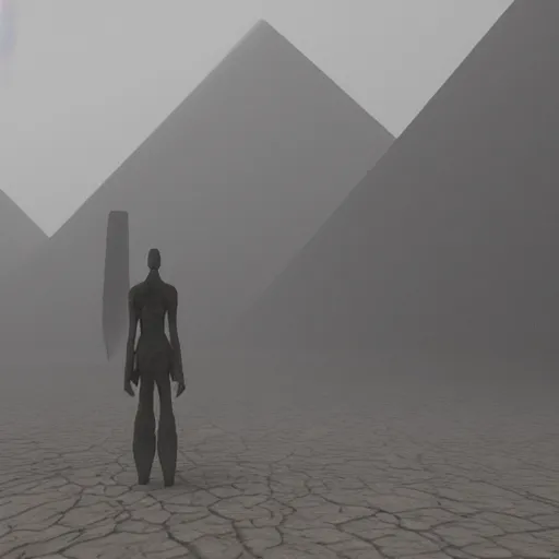 Image similar to Creepy long creature standing in a foggy weather in a desert world full of pyramids, award winning, trending on artstation, unreal engine