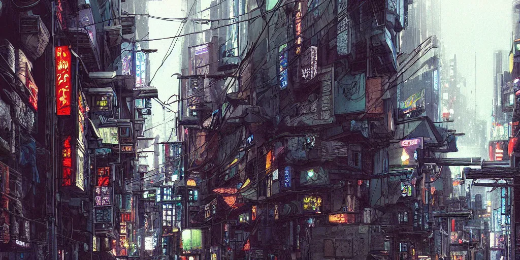 Image similar to Cyberpunk back alley on a rainy day in Japan, low angle view, detailed matte painting, cinematic, Moebius, Artstation