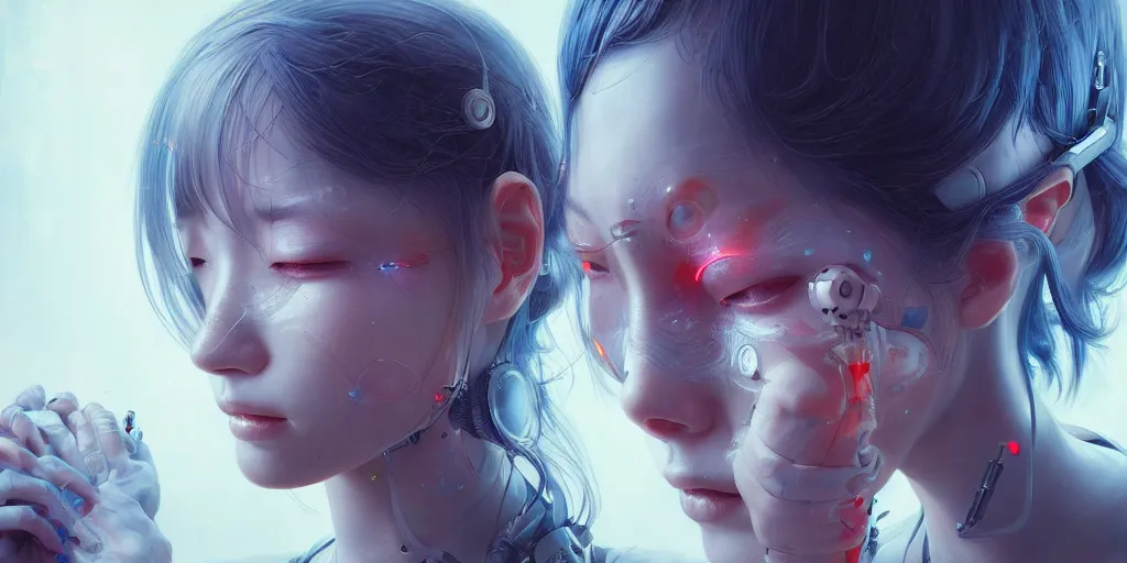 Prompt: hyperrealistic photography of a gorgeous crying cyborg assisting a human machine in the style of Jin Kagetsu, James Jean and wlop, highly detailed, masterpiece, award-winning, sharp focus, intricate concept art, ambient lighting, 8k, artstation