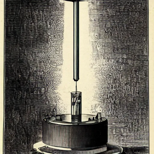 Image similar to a tesla coil device, electricity plasma arching, antique