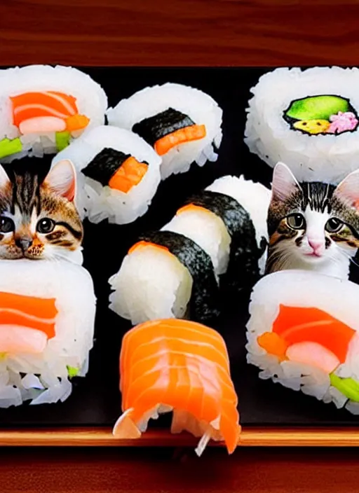 Image similar to clear photorealistic picture of adorable cats made out of sushi