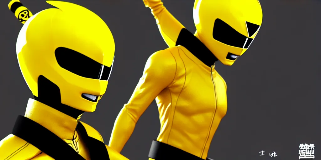 Image similar to symmetry!! yellow ranger, samurai, asian, artstation, art by murata, art by oda echiiro, lightning helmet, 3 d, jumpsuit, tracksuit, yellow, gloves, logo