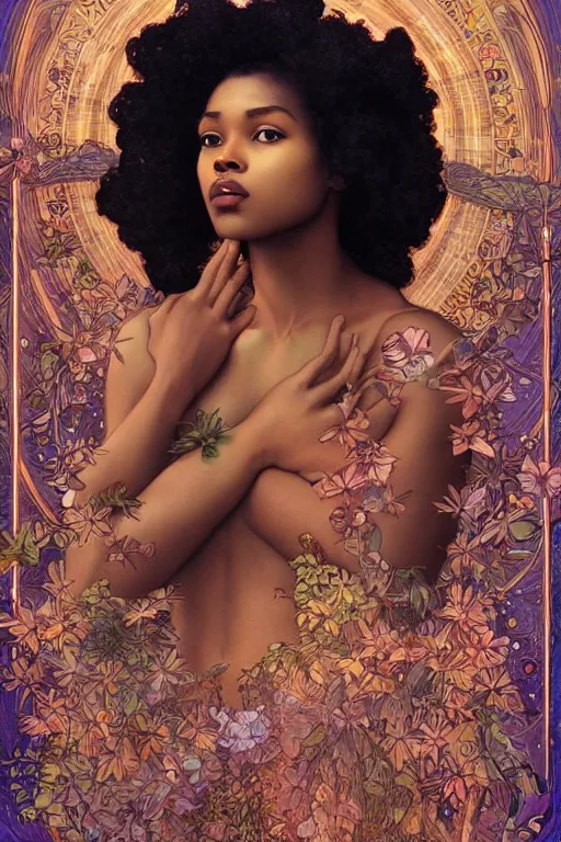 Image similar to beautiful black girl magic, nature goddess with brown skin in front of nebulae bursting halos, crisp digital painting by artgerm by mucha by caravaggio and face by wlop