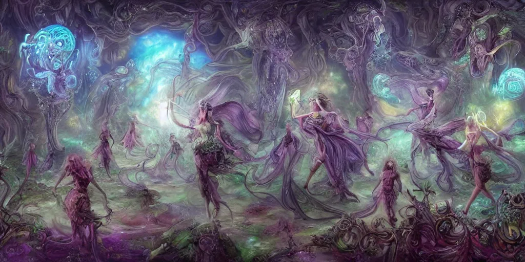 Prompt: concept art of translucent glowing curvy fairies dancing, lovecraftian, surrealism, renaissance, melting, round moons, rich clouds, fighting the horrors of the unknown, very detailed, volumetric light, mist, fine art, decaying, textured oil over canvas, epic fantasy art, very colorful, ornate intricate scales, floor of skulls, fractal gems