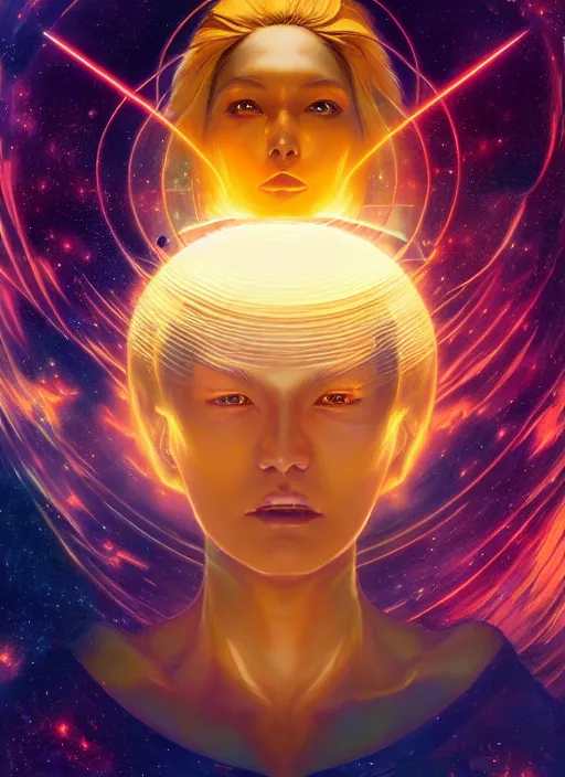 Prompt: a golden woman 2/3 figurative anime portrait, in space, transcending to a higher plane in the multiverse, lazer light beaming down to top of her head, james gurney, Noah Bradley, Maciej Kuciara