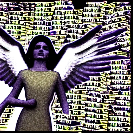 Image similar to vhs static overlay of angel apparition, money notes falling like confetti, vhs, 1 9 9 0, highly realistic, highly detailed, vhs noise static, black and white, vhs glitch