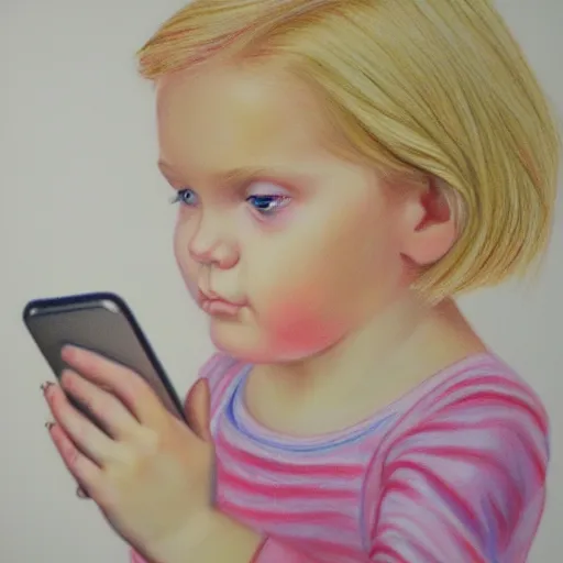 Image similar to 3 year old blonde girl with iphone, colored pencil on white background by eloise wilkin