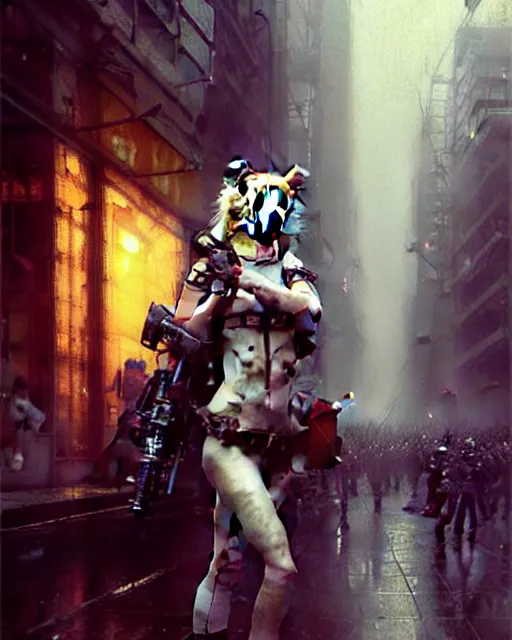 Image similar to beautiful portrait of an attractive white anthro wolf female soldier smoking a cigarette in a bustling crowd of a rainy city street, cyberpunk, wearing tactical gear, female fursona, 4 k, trending on artstation, by gaston bussiere, craig mullins, artgerm, greg rutkowski, alphonse mucha