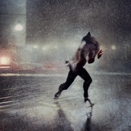 Image similar to an anthropomorphic male wolf running in the streets, night, rain, cinematic, photograph, volumetric lighting, f 8 aperture, cinematic eastman 5 3 8 4 film, photorealistic