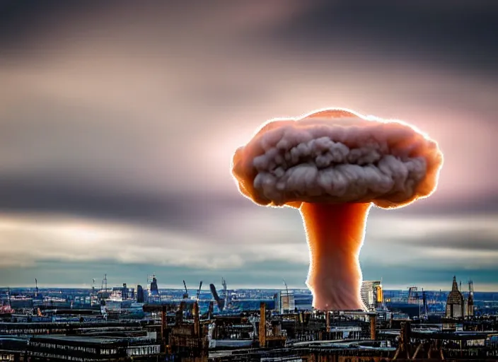 Image similar to nuclear mushroom cloud over london, 8 k, sharp detail, depth of field