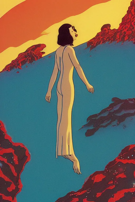 Prompt: a closeup portrait of anti - gravity, a young siberian woman drifting in psychedelic hallucinations in the vast icy landscape of antarctica, volcano lava drips in anti - gravity by kawase hasui, moebius and edward hopper, colorful flat surreal design, hd, 8 k, artstation