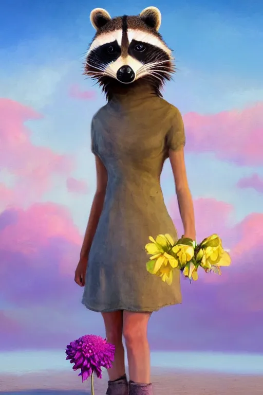 Prompt: beautiful female anthropomorphic raccoon wearing a dress on salt flats holding a flower, surreal photography, sunrise, dramatic light, impressionist painting, colorful clouds, digital painting, artstation, simon stalenhag