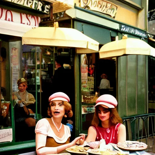 Prompt: professional archival photo of a woman and her friend, a puppet that looks like an enormous baguette, in a sidewalk cafe in paris, wearing berets, 16mm film soft color, earth tones and some color accents 1976, vacation photo, expired film, in style of doris wishman russ meyer, woman looks like sofia loren