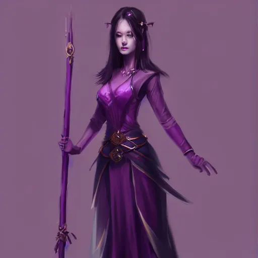 Prompt: a woman in a purple dress holding a staff, concept art by an zhengwen, artstation contest winner, fantasy art, dark and mysterious, artstation hd, concept art