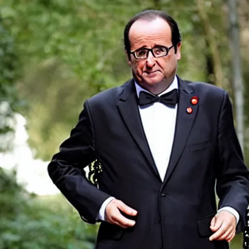 Image similar to François Hollande in tuxedo with short beaded dreadlocks, lots of short dreadlocks on the head, short dreadlocks with beads