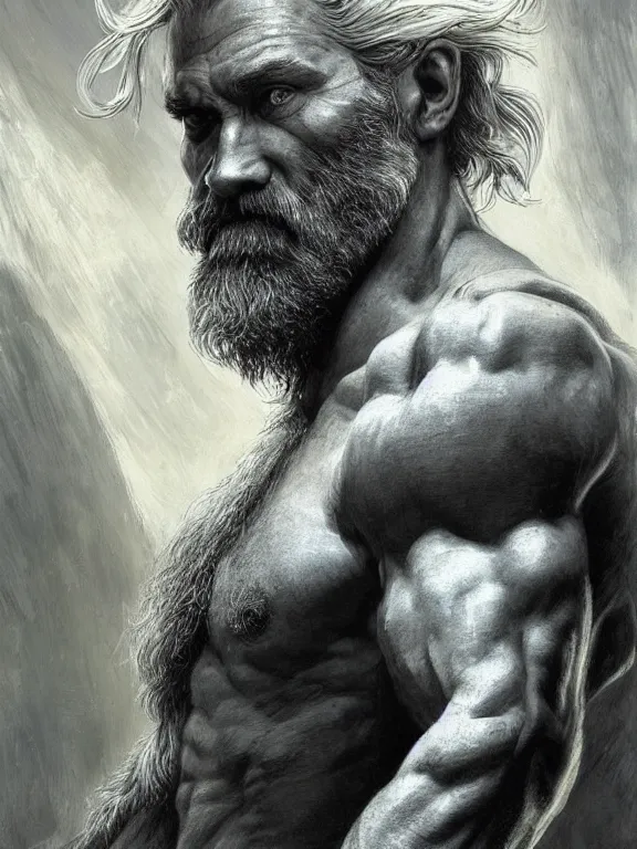 Prompt: painted portrait of rugged odin, god of war, norse god, white hair, masculine, mature, handsome, upper body, grey and silver, muscular, hairy torso, fantasy, intricate, muscular, elegant, hyper detailed, digital painting, artstation, concept art, smooth, sharp focus, illustration, art by gaston bussiere and alphonse mucha