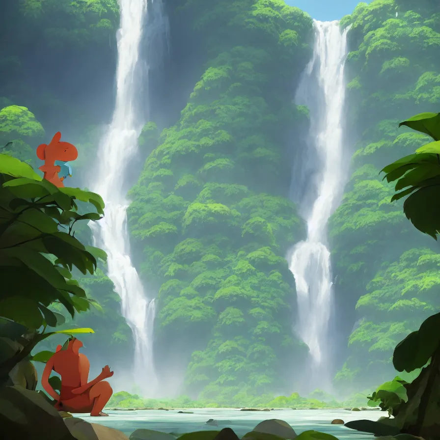 Prompt: Goro Fujita illustrating Front view of a gigantic waterfall surrounded by the Amazon, there are no animals or people, only vegetation, concept art, sharp focus, highly detailed, ArtStation