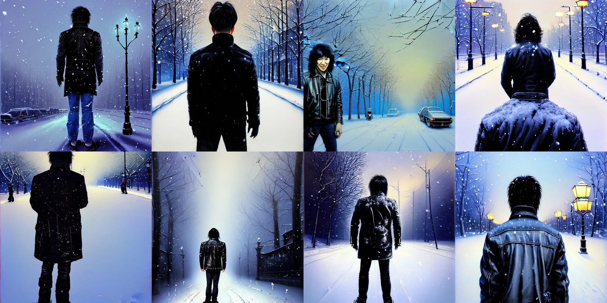 Prompt: beautiful snow - covered victor tsoi korean from back standing on alley with street lamps in park with pines to the horizon, dressed in leather jacket, snowfall at night, 1 9 8 0 s mullet haircut, black hairs, half - length portrait, perfect symmetrical eyes, cinematic by peter mohrbacher, ron cobb, painting, digital art, detailed, hyperrealism, igla