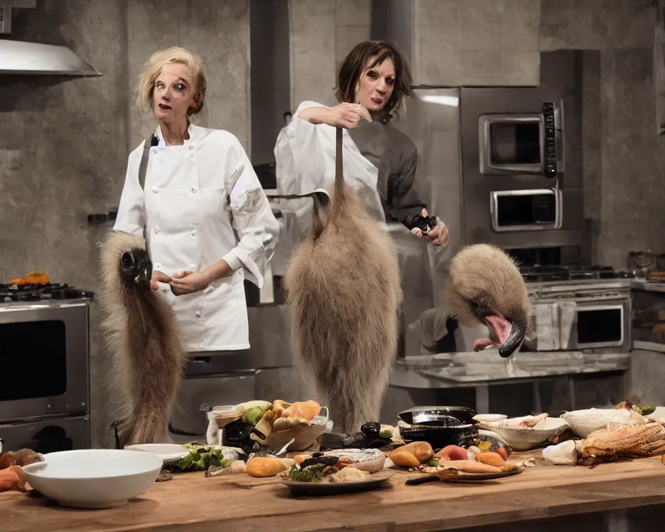 Image similar to a horror movie featuring a ostrich hosting a cooking show,