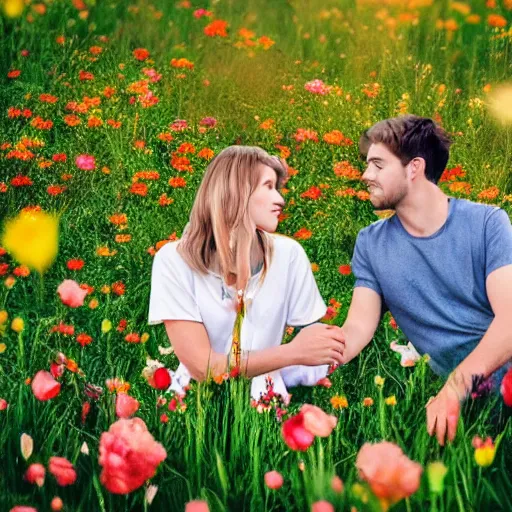 Image similar to a couple holding hands in a field of flowers, symmetrical face, beautiful, vfx, photo realistic, 8 k, aesthetic